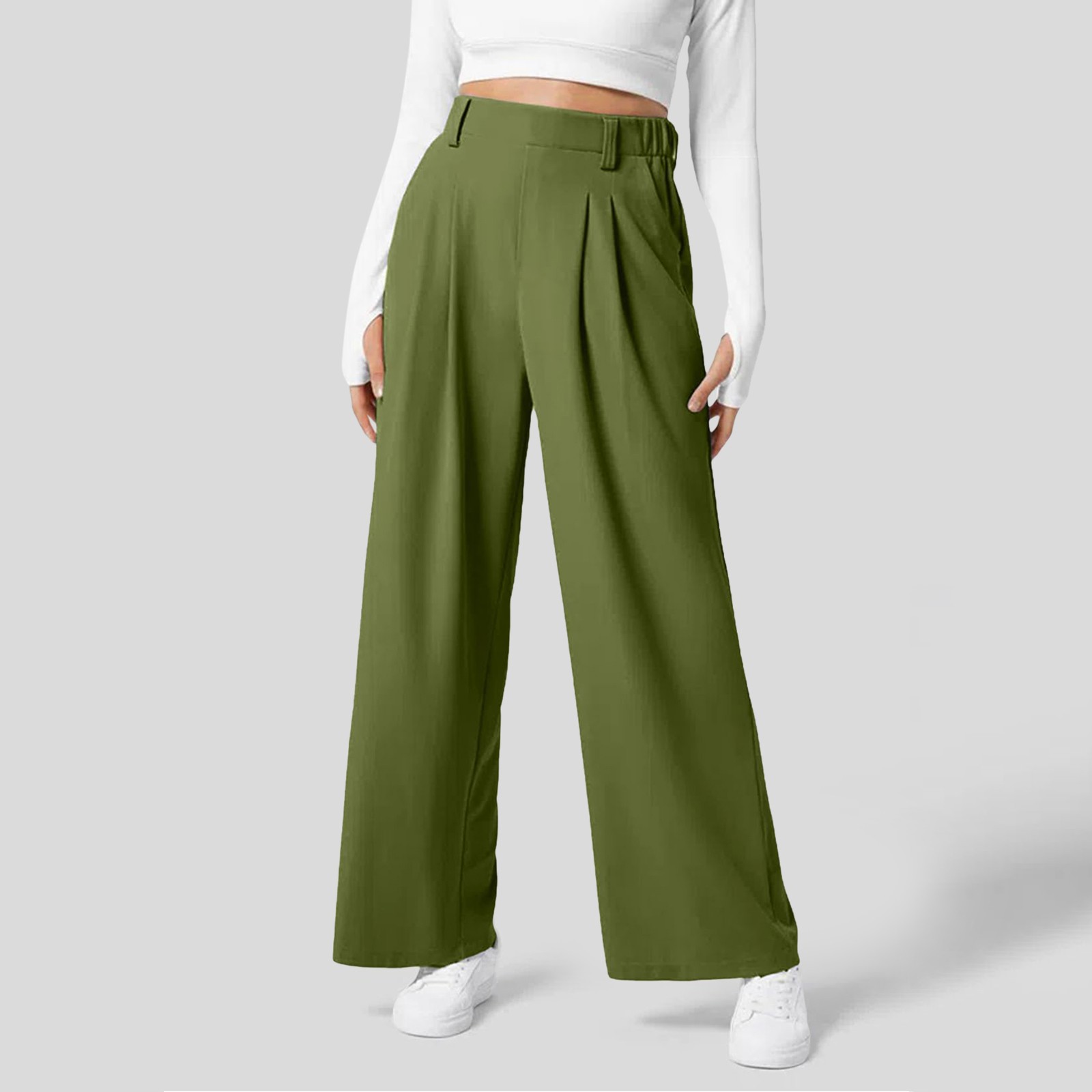 thumbnail image 2 of Pantalones de vestir de cintura alta y pierna ancha para mujer: cintura elástica, algodón y lino, bolsillos; pantalones informales de oficina., 2 of 7